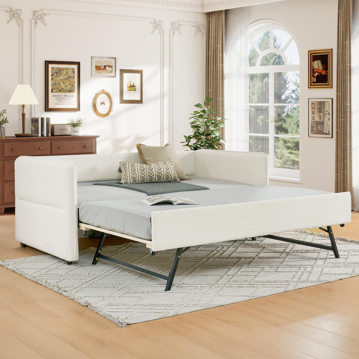 Twin Size Beige Boucle Upholstered Daybed with Trundle V9213