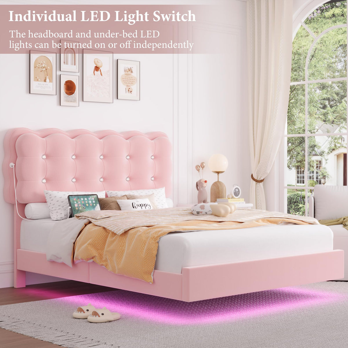 Full Size LED Bed Frame with Charging Station Headboard G2654