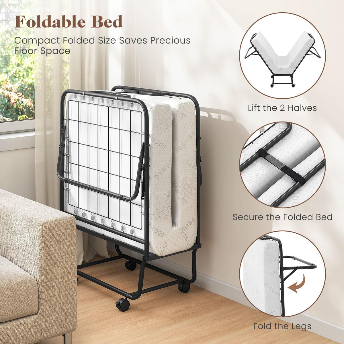 Folding Bed with Mattress, Cot Size Gel Memory Foam Metal Frame B1300