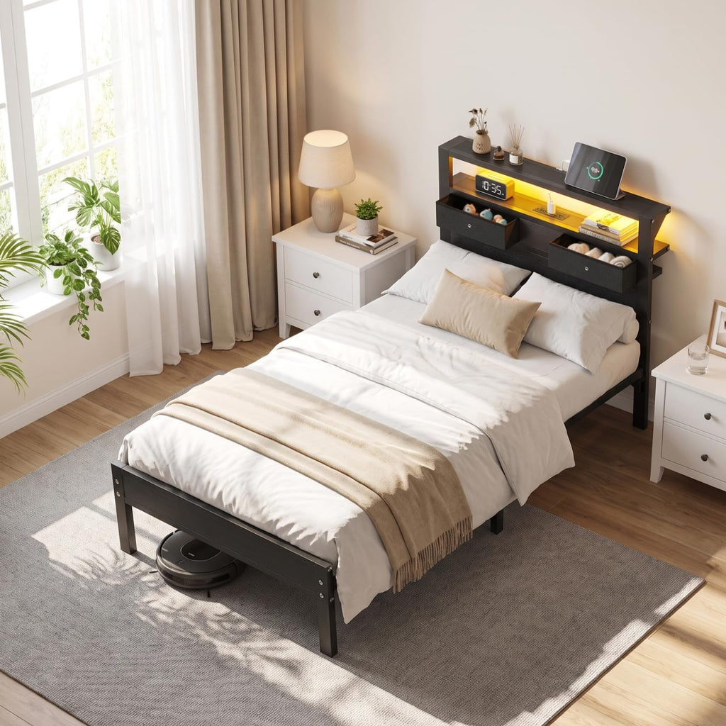 Twin Size Bed Frame with Storage Headboard and 2 Drawers O203491