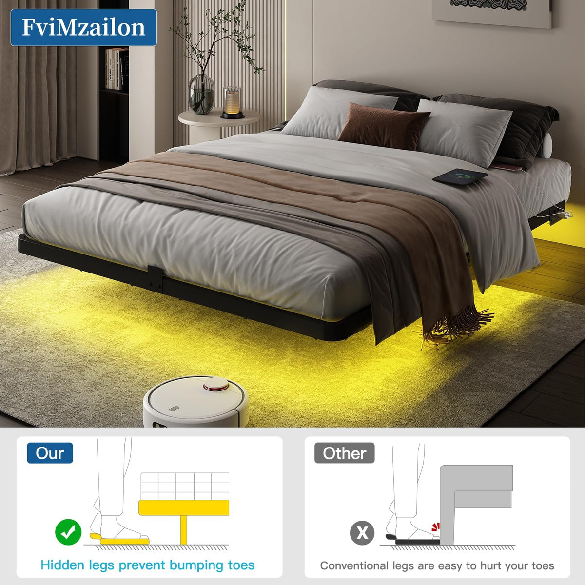 Full Size Floating Platform Bed Frame with LED Lights & Charging Station X997152