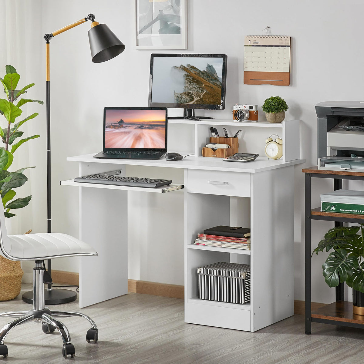 White Computer Desk with Keyboard Tray, Drawers, and Shelves V69547