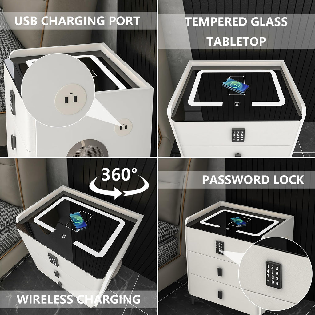 White Nightstand with Charging Station and LED Lights I843