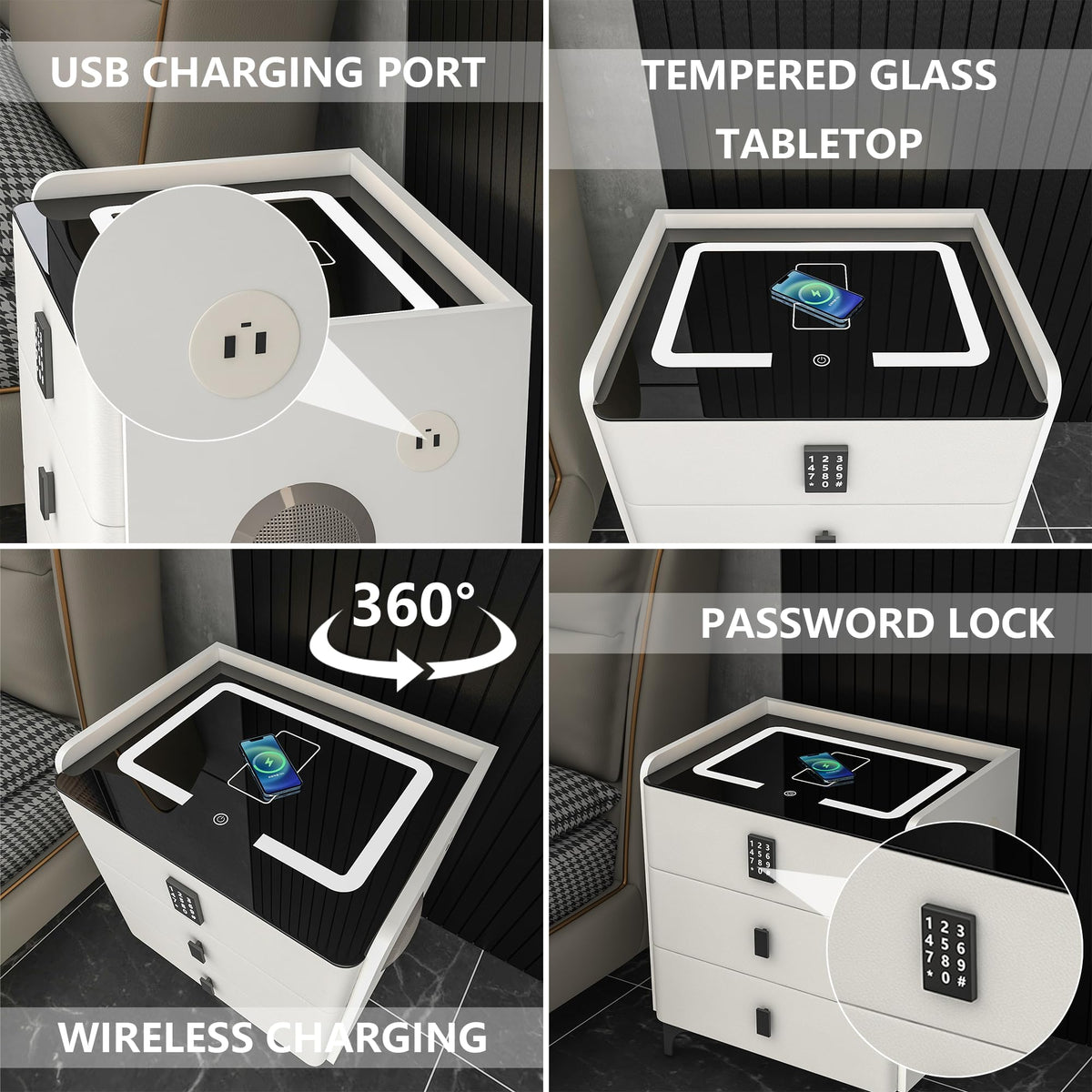 White Nightstand with Charging Station and LED Lights I843