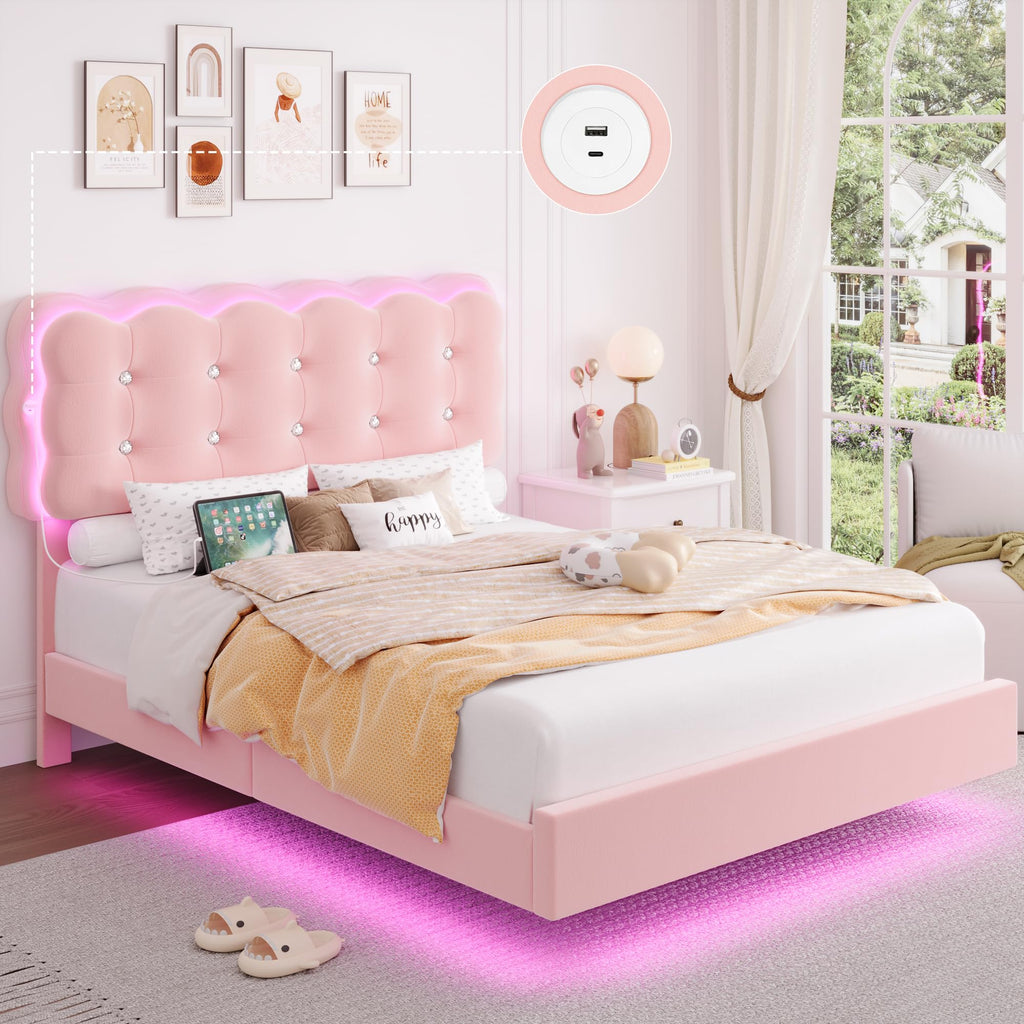 Full Size LED Bed Frame with Charging Station Headboard G2654