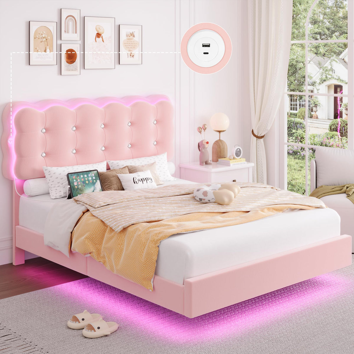 Full Size LED Bed Frame with Charging Station Headboard G2654