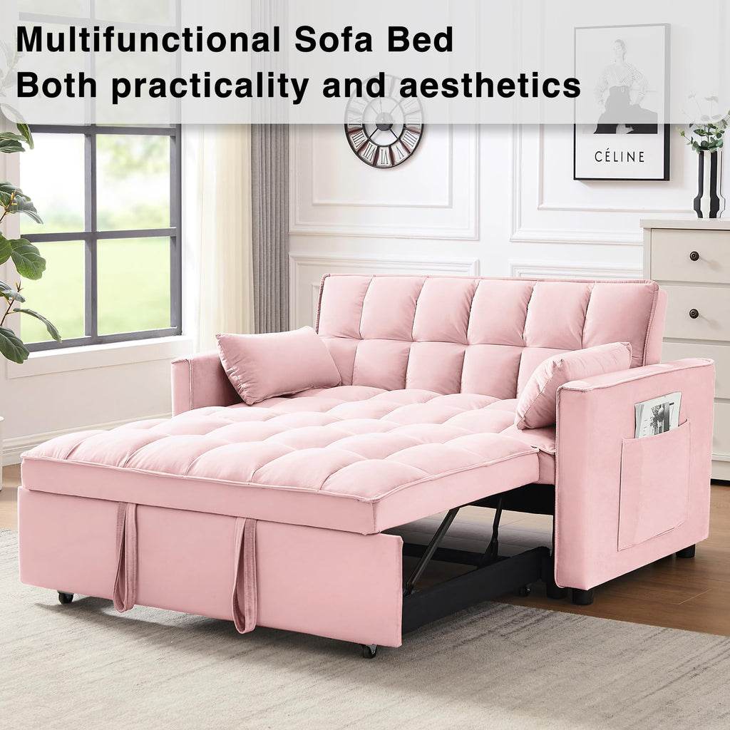 3 in 1 Convertible Sleeper Sofa Bed Velvet Pink O555