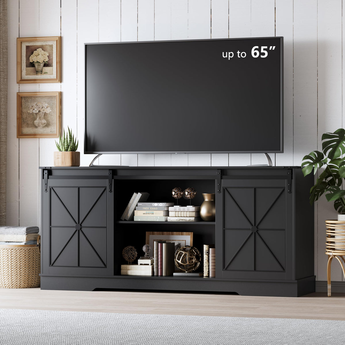 Black Farmhouse TV Stand with Storage Cabinets & Sliding Barn Doors E3573