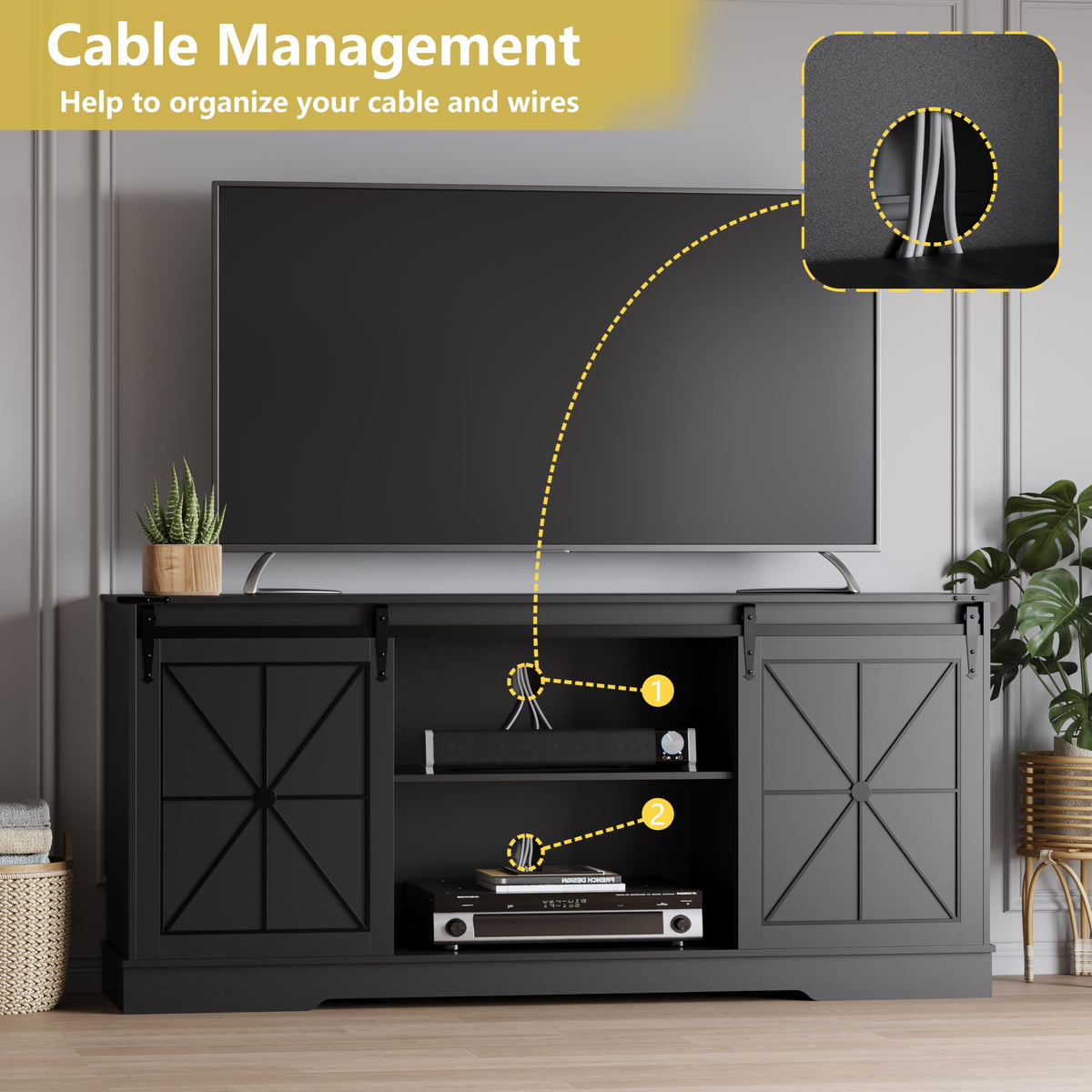 Black Farmhouse TV Stand with Storage Cabinets & Sliding Barn Doors E3573