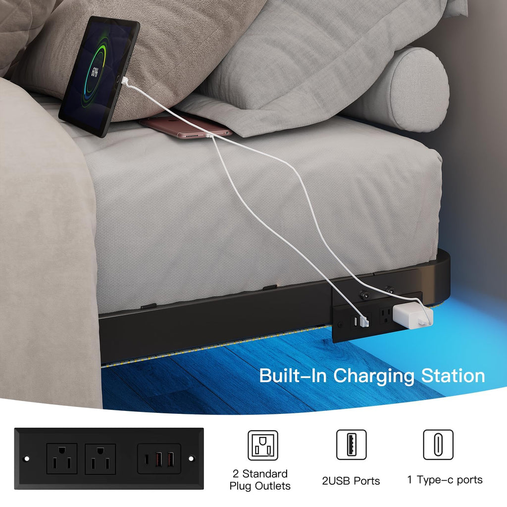 Full Size Floating Platform Bed Frame with LED Lights & Charging Station X997152
