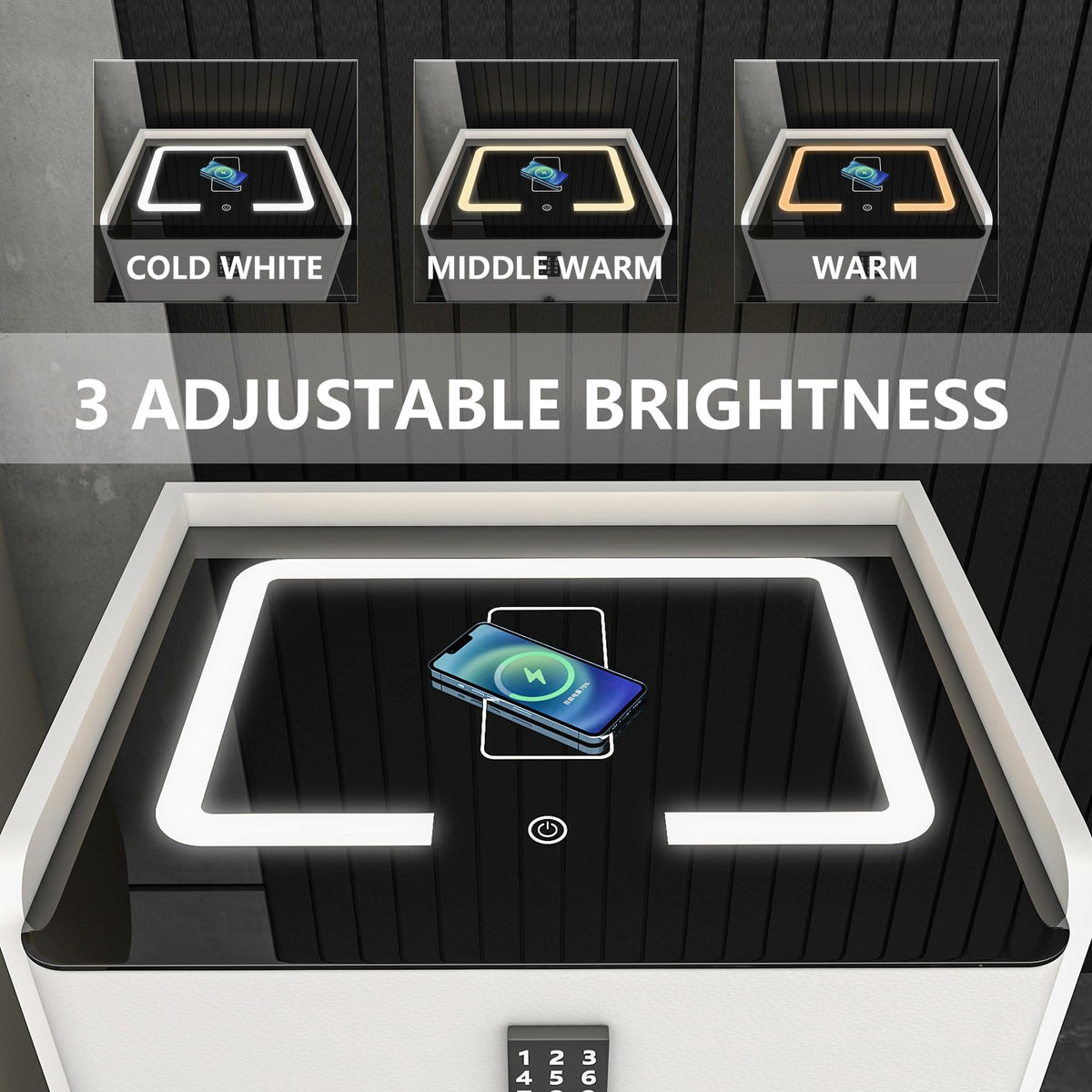 White Nightstand with Charging Station and LED Lights I843