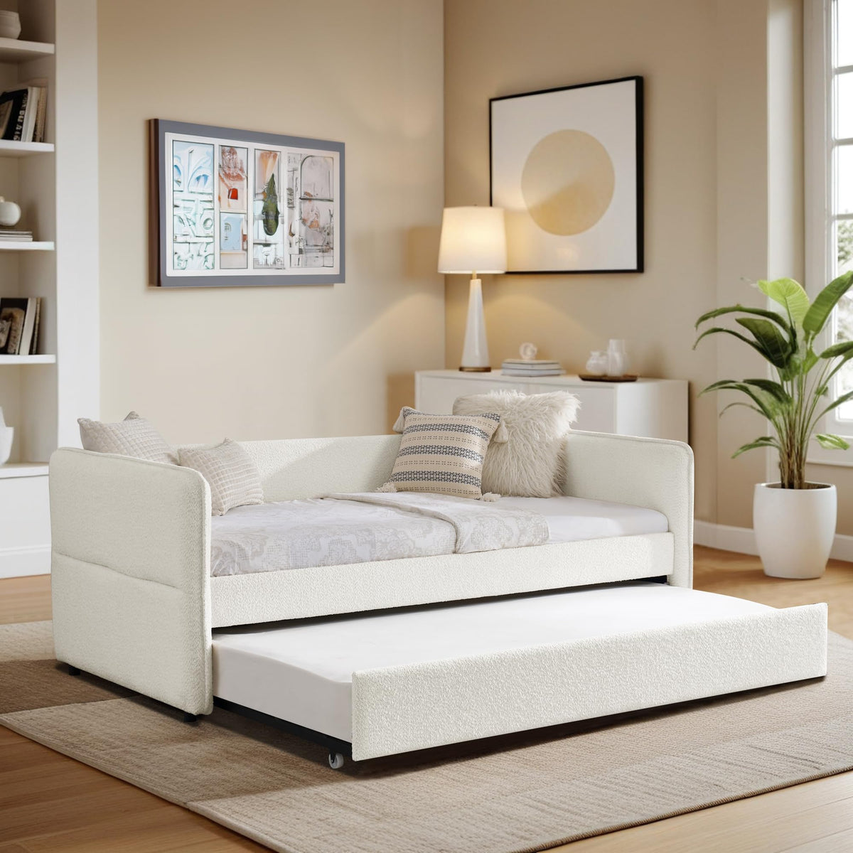 Twin Size Beige Boucle Upholstered Daybed with Trundle V9213