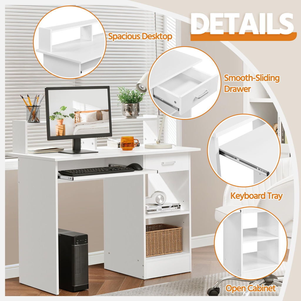 White Computer Desk with Keyboard Tray, Drawers, and Shelves V69547