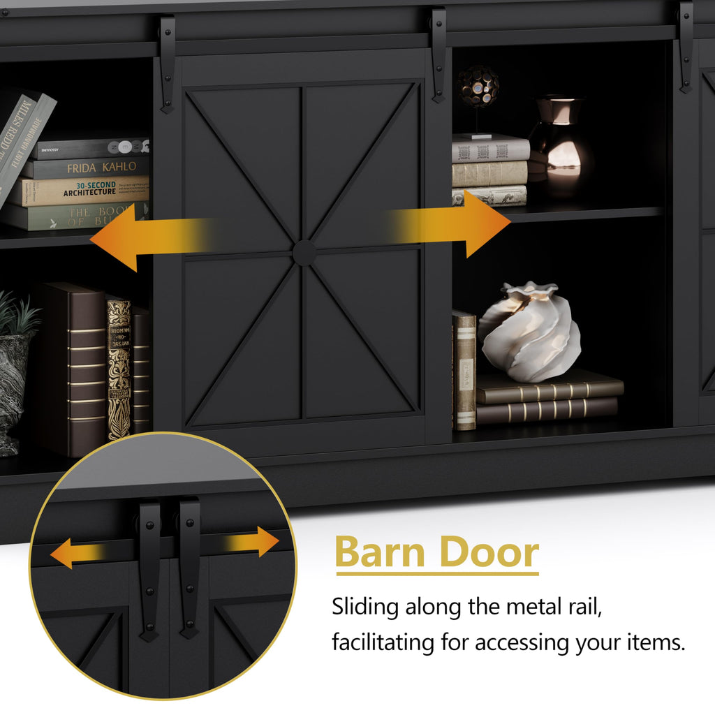 Black Farmhouse TV Stand with Storage Cabinets & Sliding Barn Doors E3573