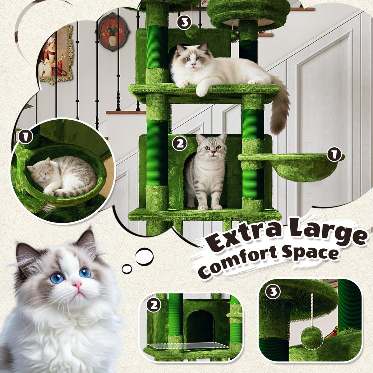 70.87'' Cat Tree Tower with Scratching Post and Hanging Hammock F622