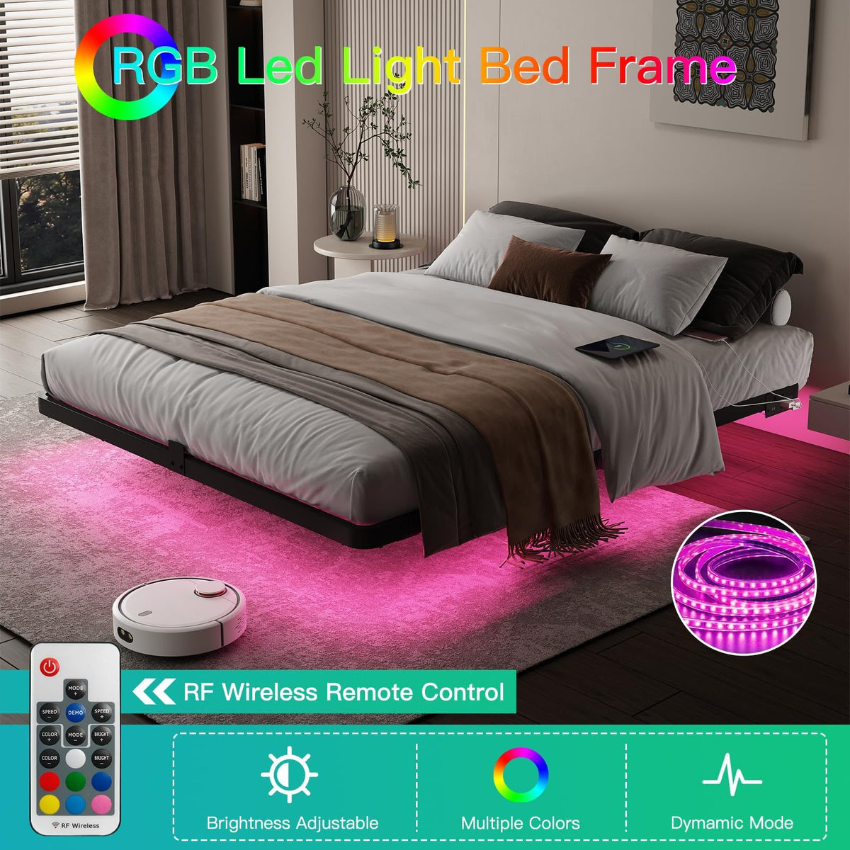 Full Size Floating Platform Bed Frame with LED Lights & Charging Station X997152