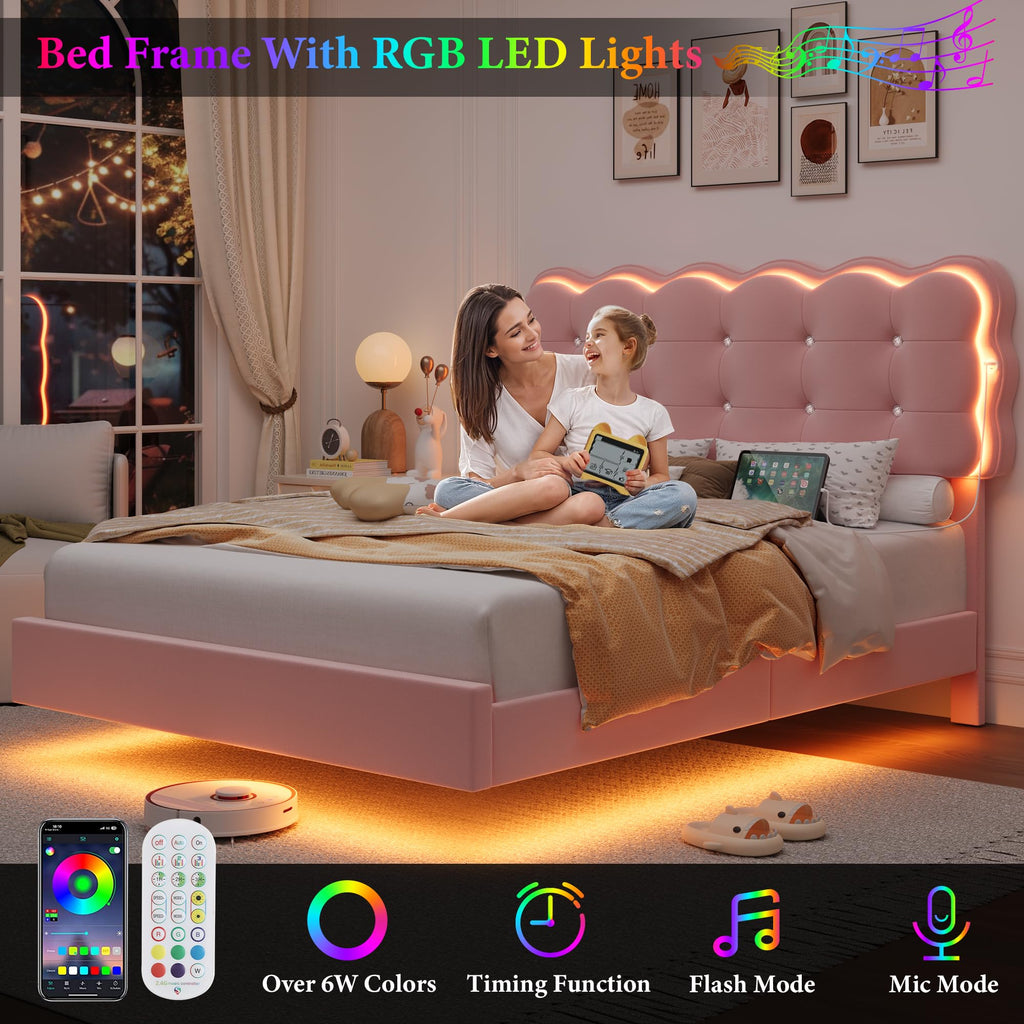 Full Size LED Bed Frame with Charging Station Headboard G2654