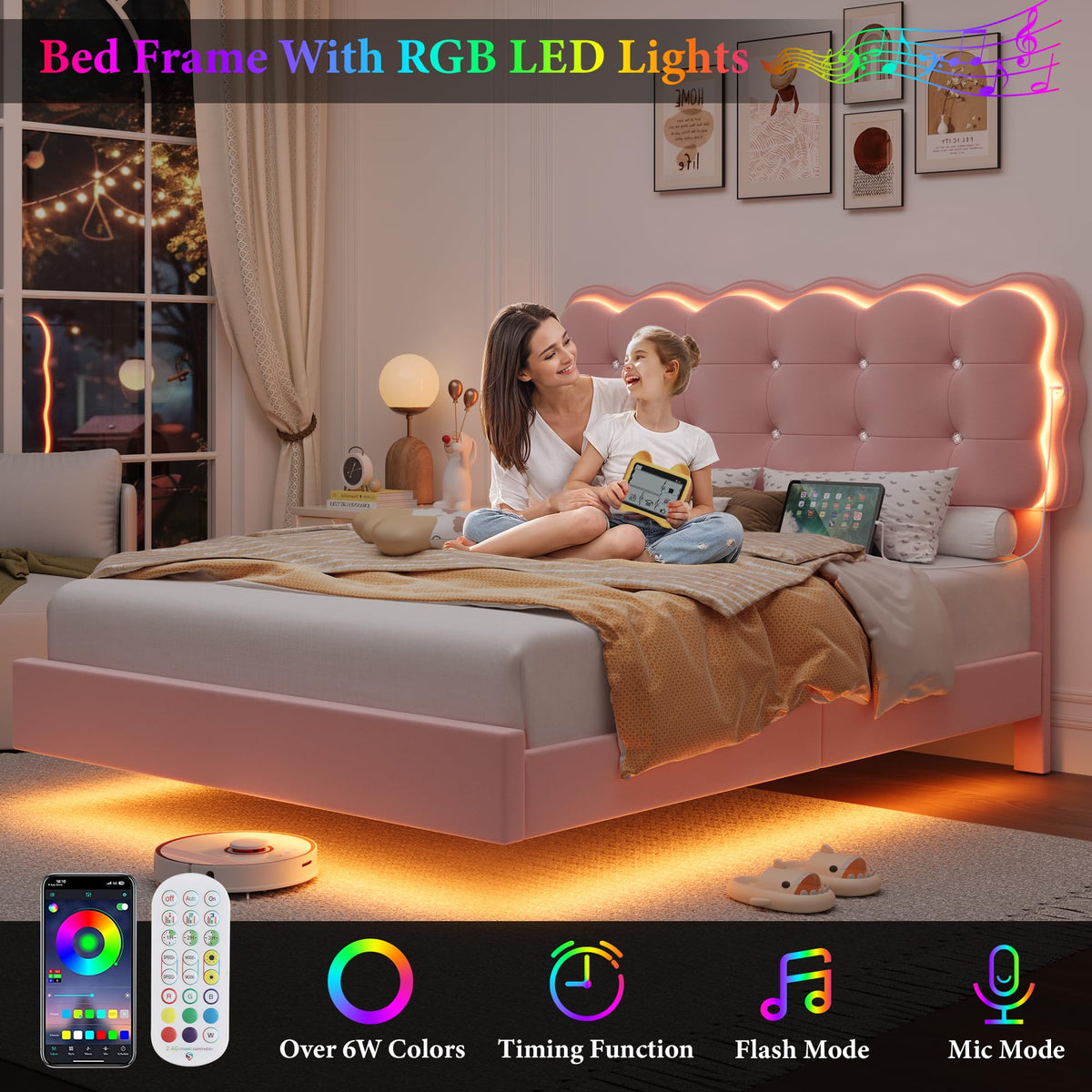 Full Size LED Bed Frame with Charging Station Headboard G2654