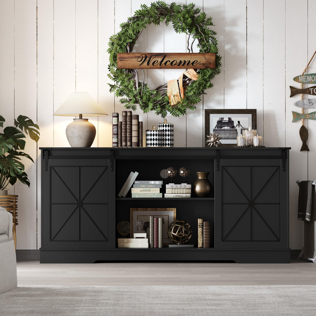 Black Farmhouse TV Stand with Storage Cabinets & Sliding Barn Doors E3573