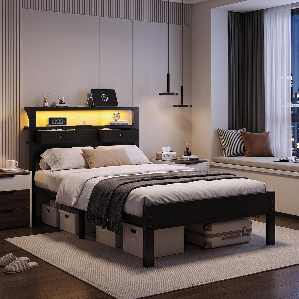 Twin Size Bed Frame with Storage Headboard and 2 Drawers O203491