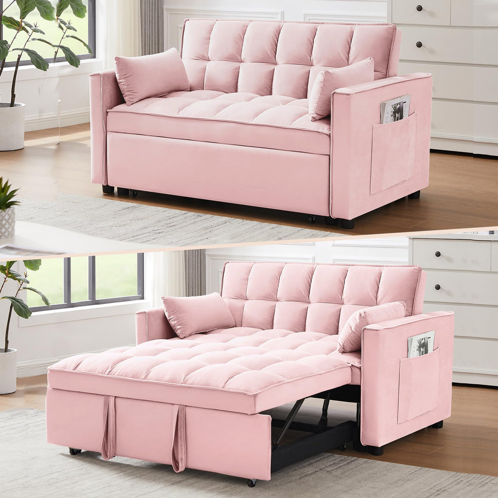 3 in 1 Convertible Sleeper Sofa Bed Velvet Pink O555