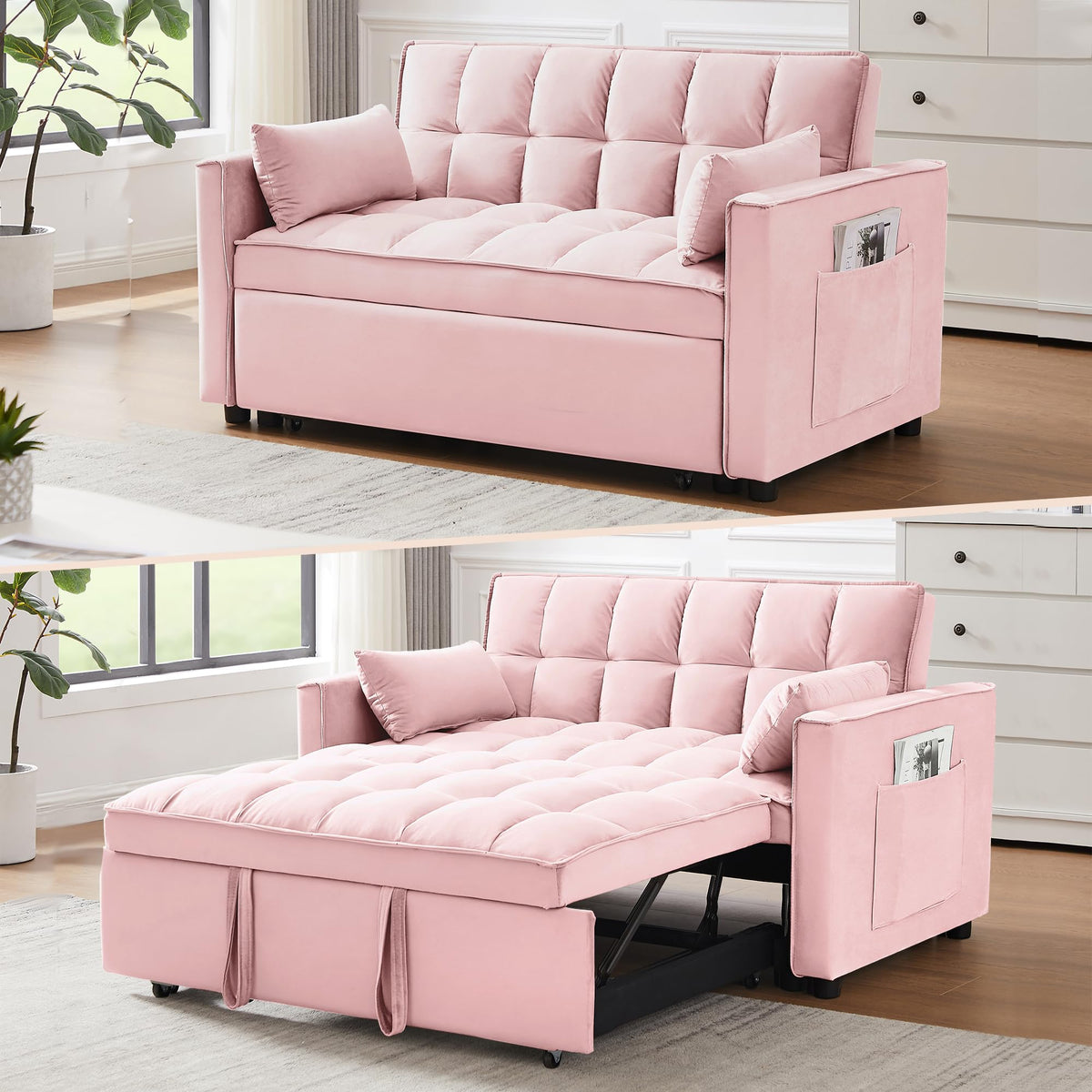 3 in 1 Convertible Sleeper Sofa Bed Velvet Pink O555