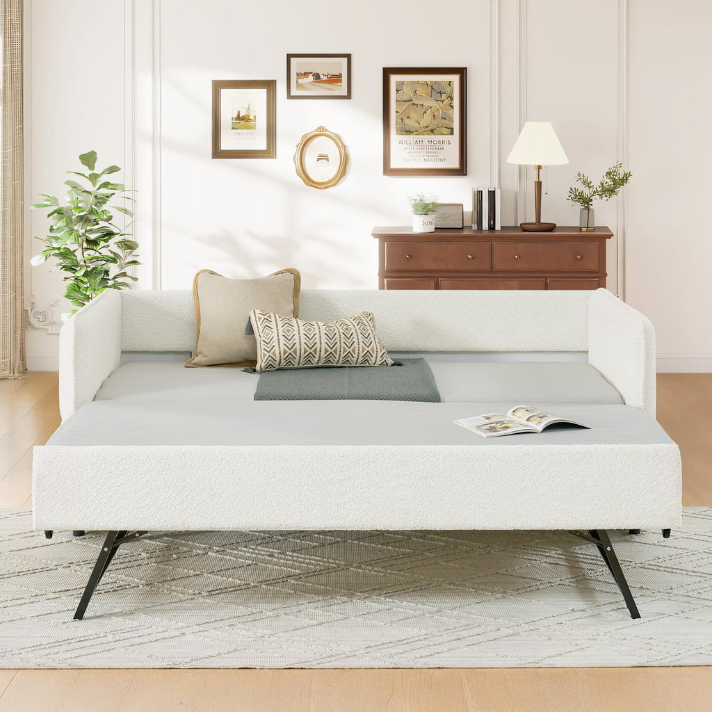 Twin Size Beige Boucle Upholstered Daybed with Trundle V9213
