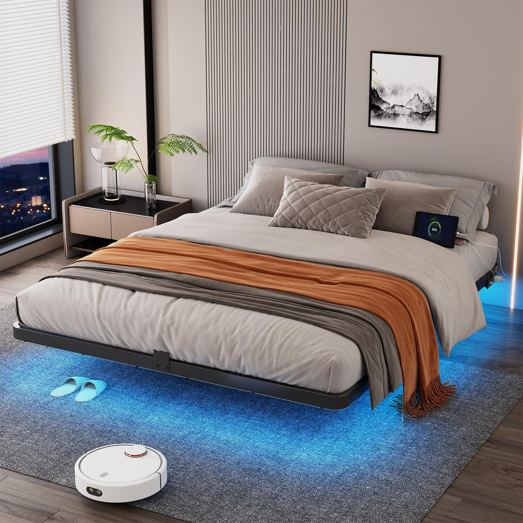 Full Size Floating Platform Bed Frame with LED Lights & Charging Station X997152