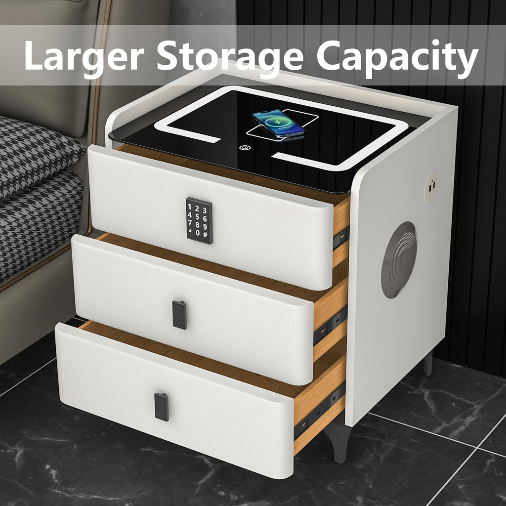 White Nightstand with Charging Station and LED Lights I843