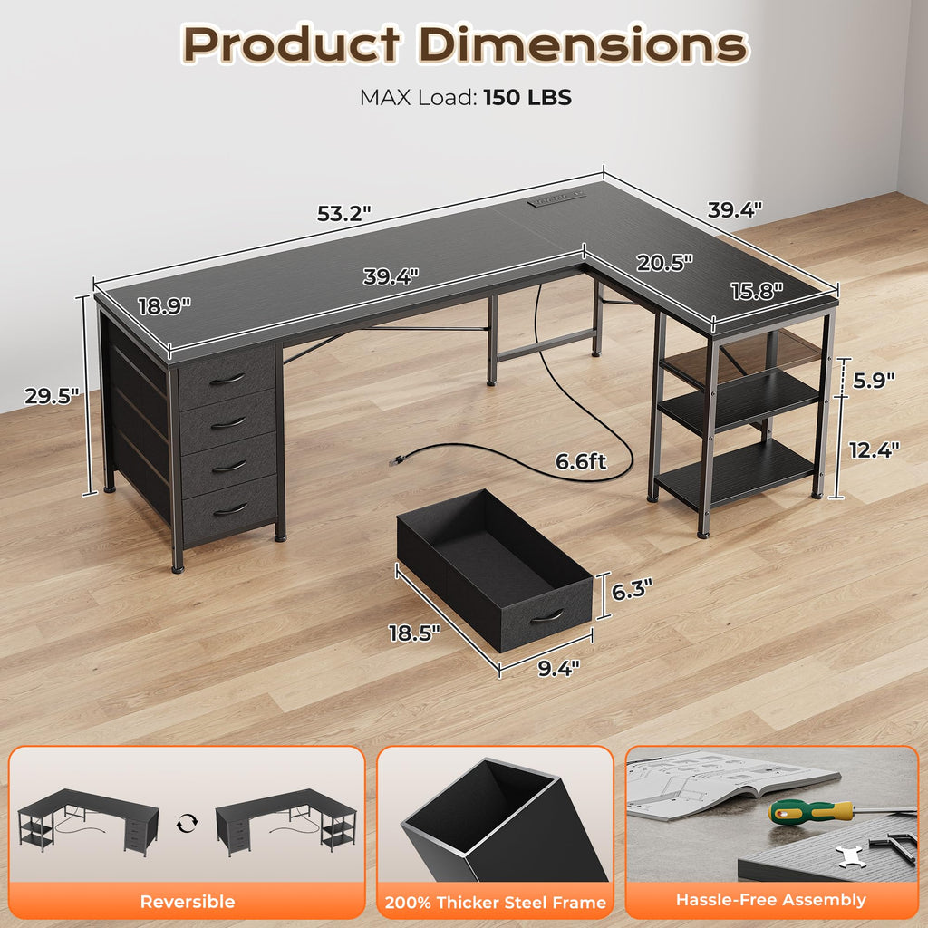 55 Inch L Shaped Desk with Fabric Drawers and Power Outlets M388