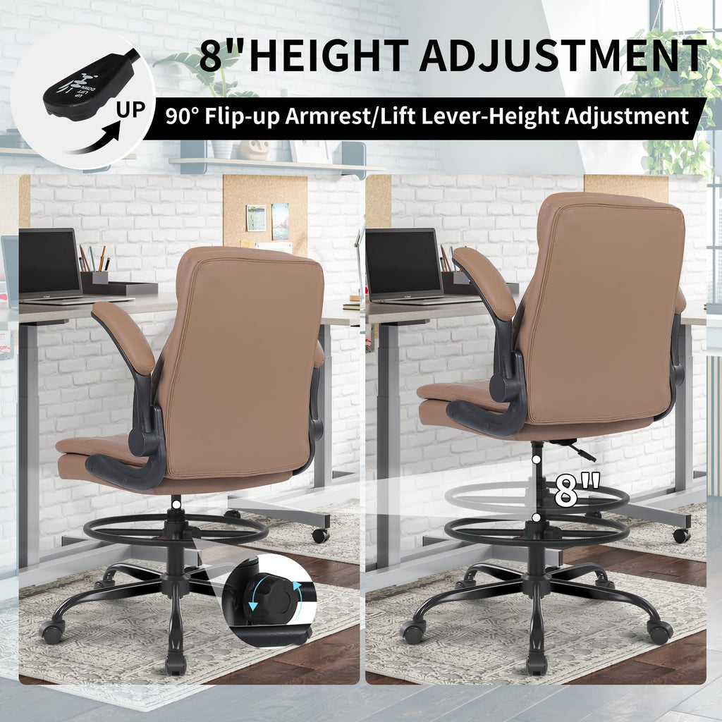 Leather Drafting Chair with Adjustable Height and Flip-up Armrest T6854