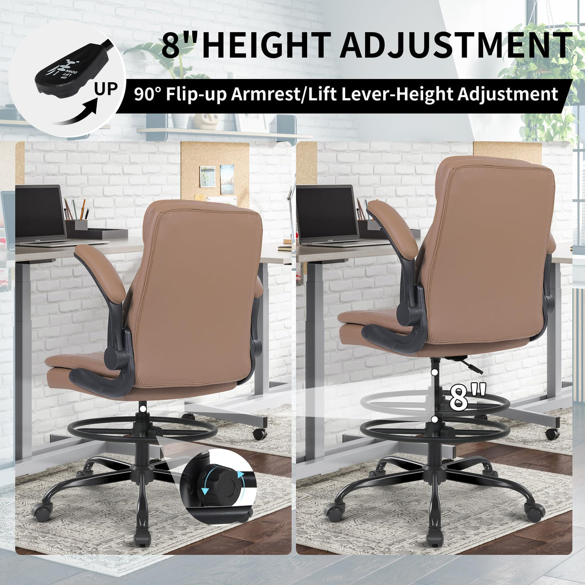 Leather Drafting Chair with Adjustable Height and Flip-up Armrest T6854