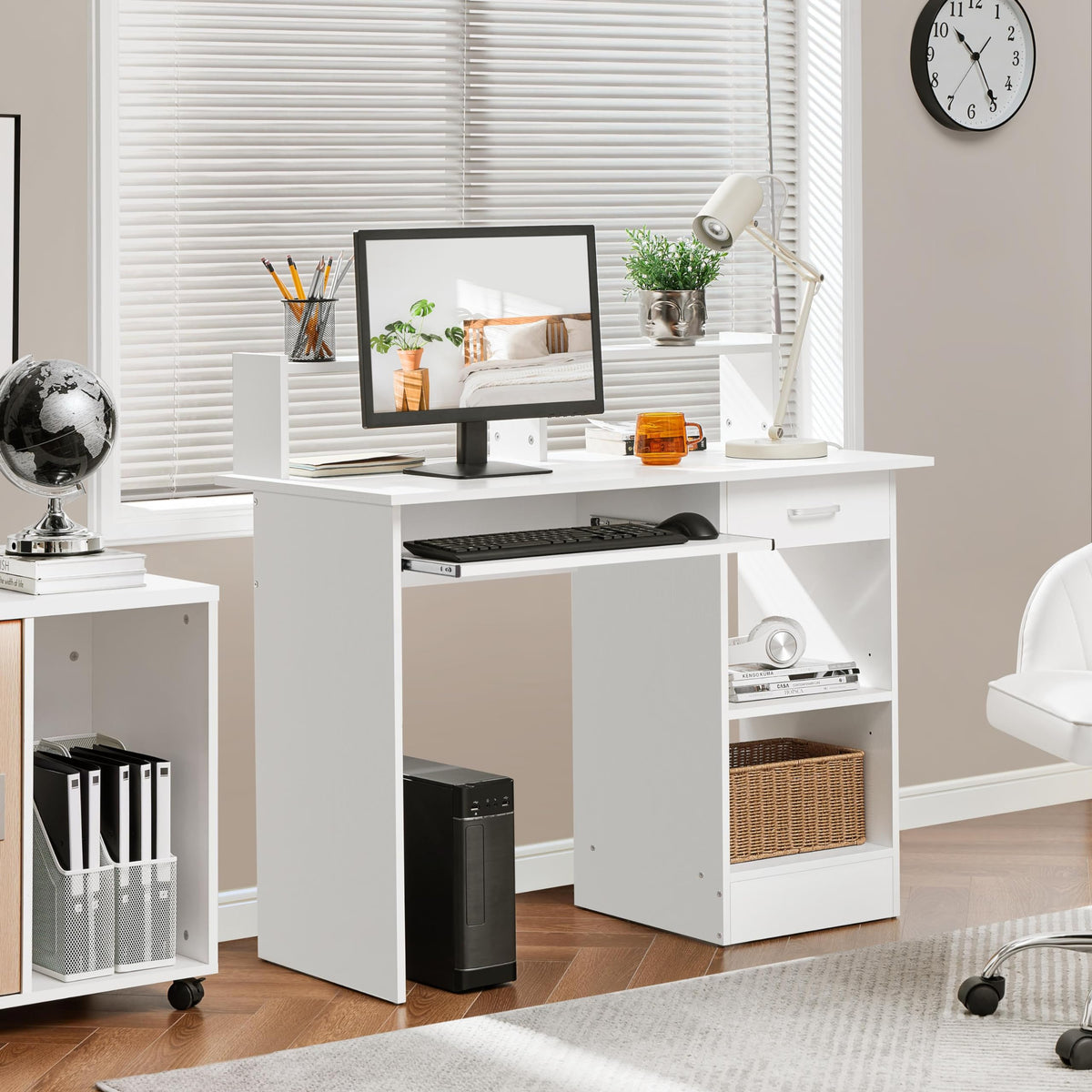 White Computer Desk with Keyboard Tray, Drawers, and Shelves V69547