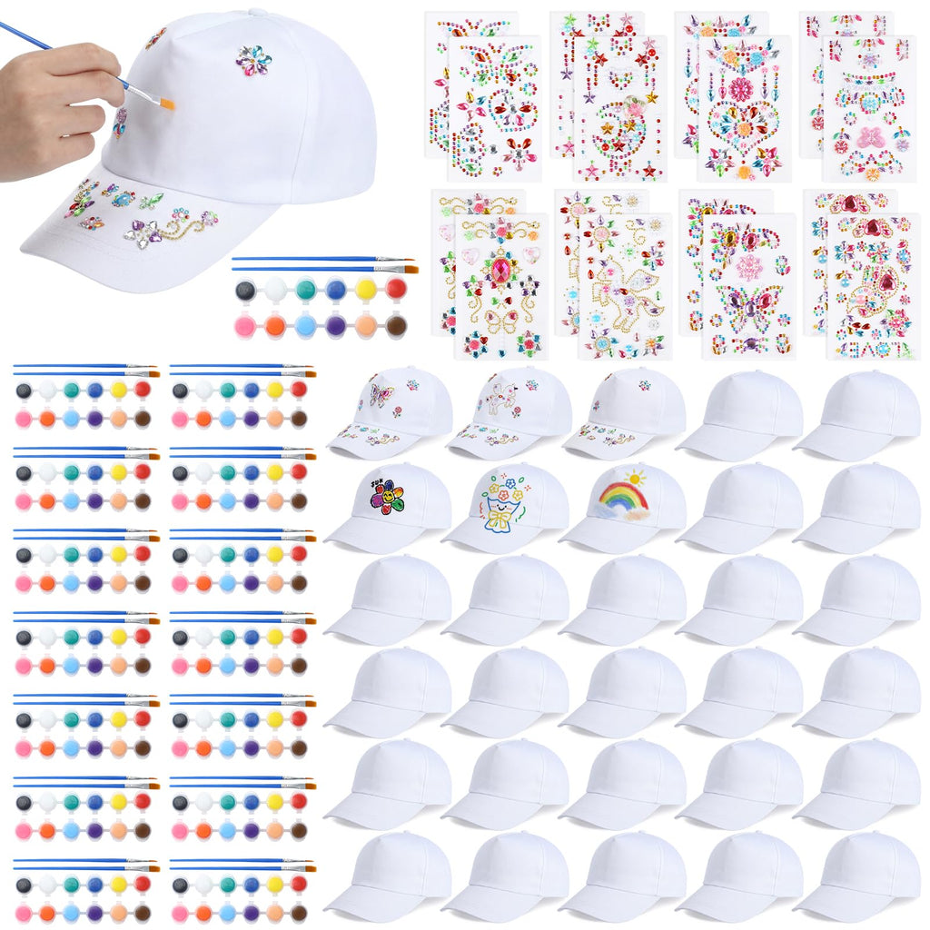 30 Pcs White Blank Adjustable Baseball Caps with Acrylic Paint Brushes K6253
