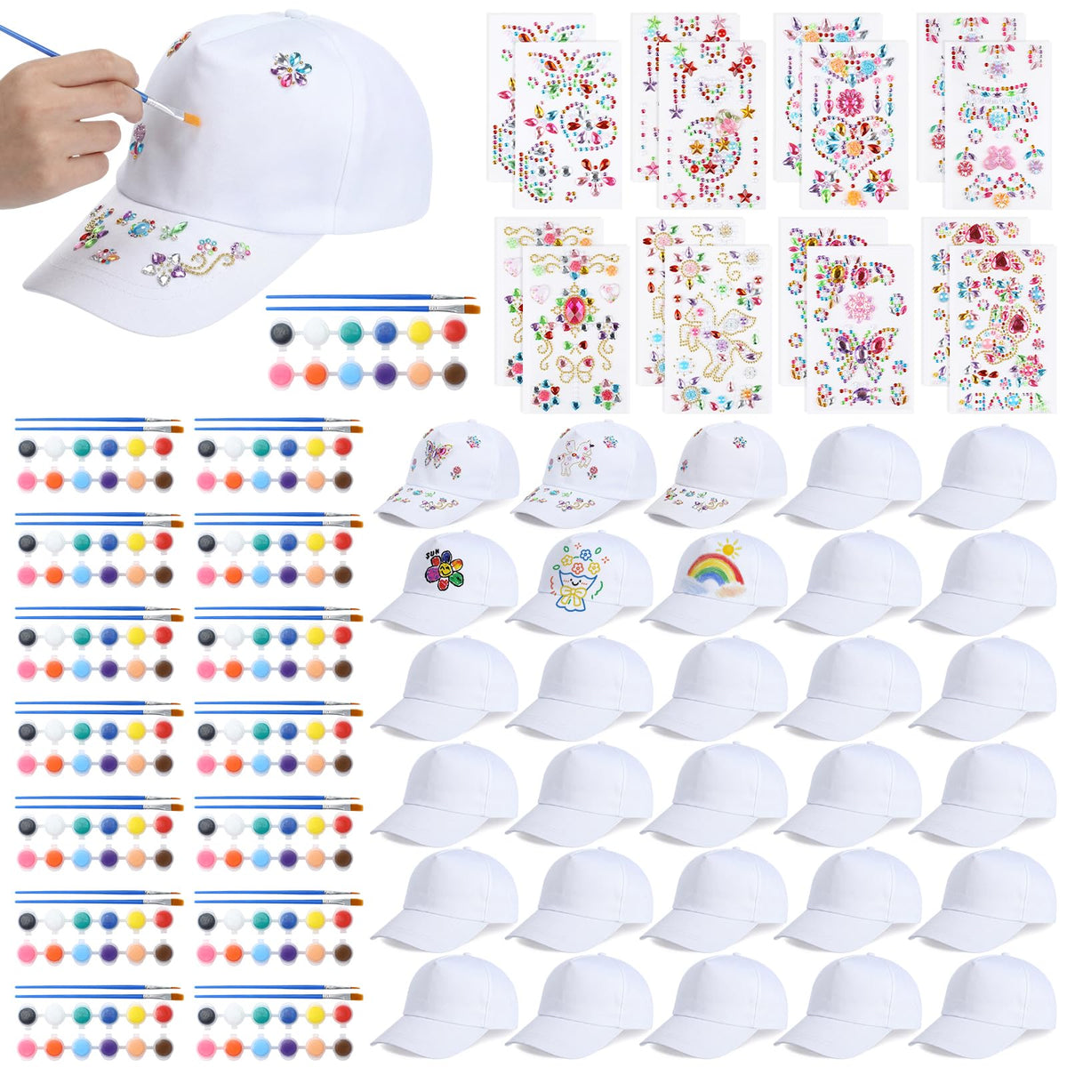 30 Pcs White Blank Adjustable Baseball Caps with Acrylic Paint Brushes K6253