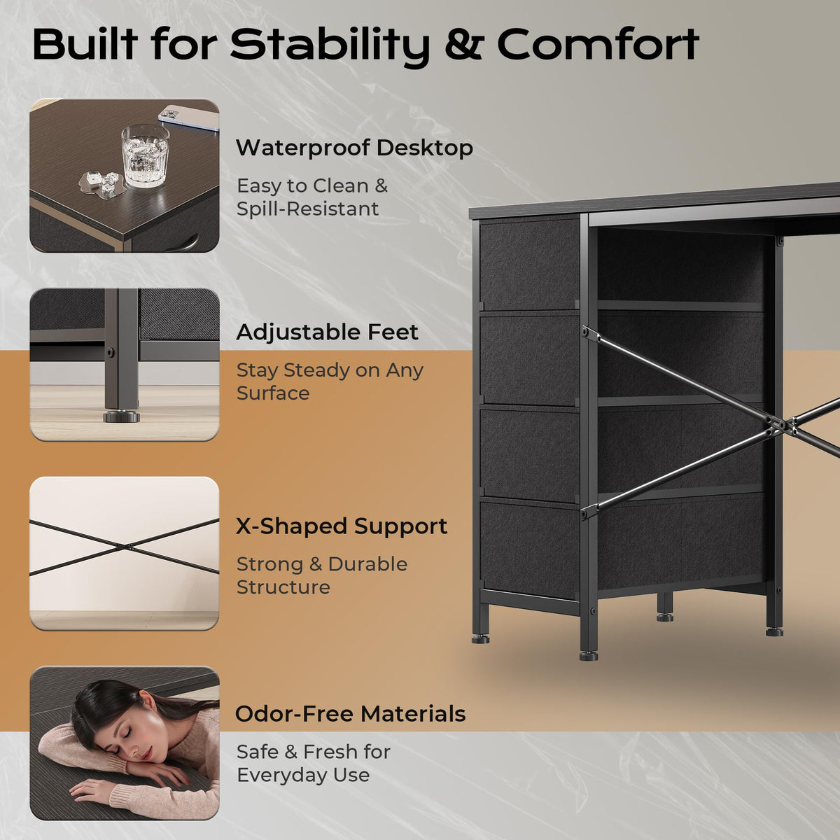 55 Inch L Shaped Desk with Fabric Drawers and Power Outlets M388