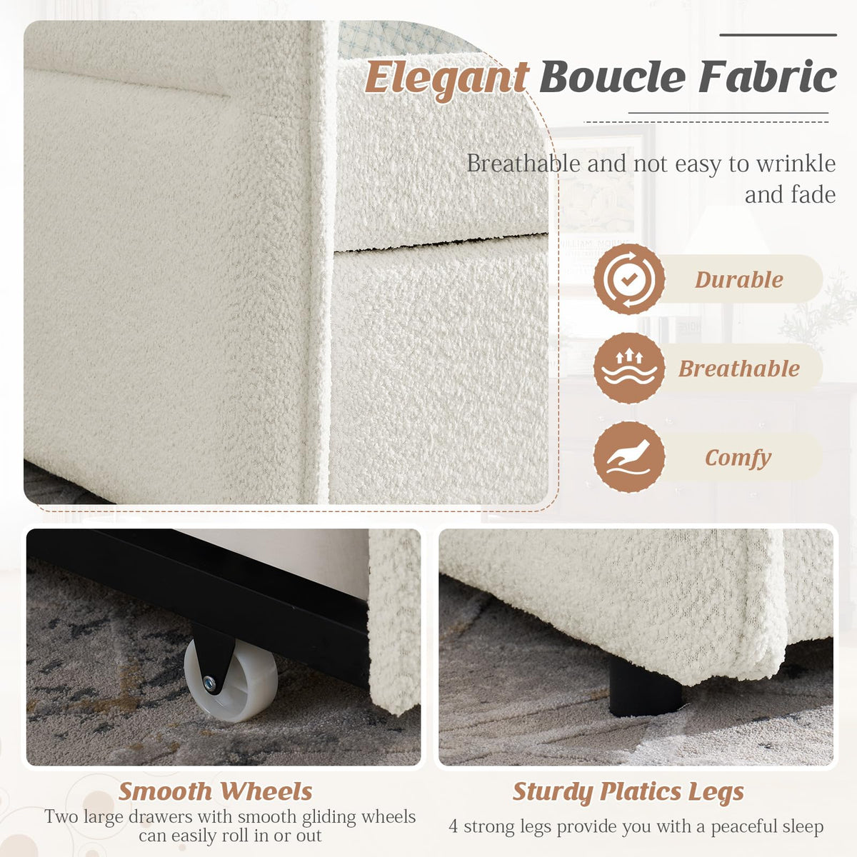 Twin Size Beige Boucle Upholstered Daybed with Trundle V9213