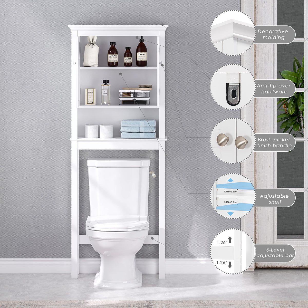 Over the Toilet Storage Cabinet with Doors and Adjustable Shelf J541096