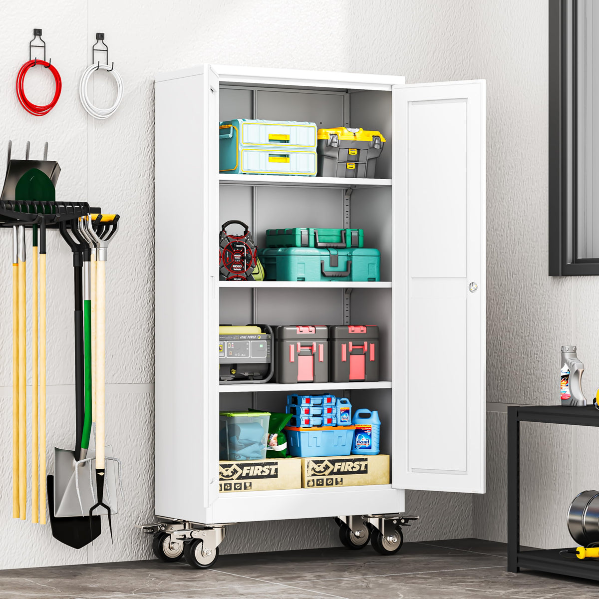 61" Metal Rolling Storage Cabinet with 2 Doors and Wheels O876902