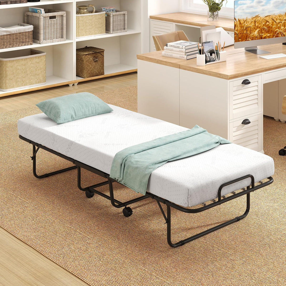Folding Bed with Mattress, Cot Size Gel Memory Foam Metal Frame B1300