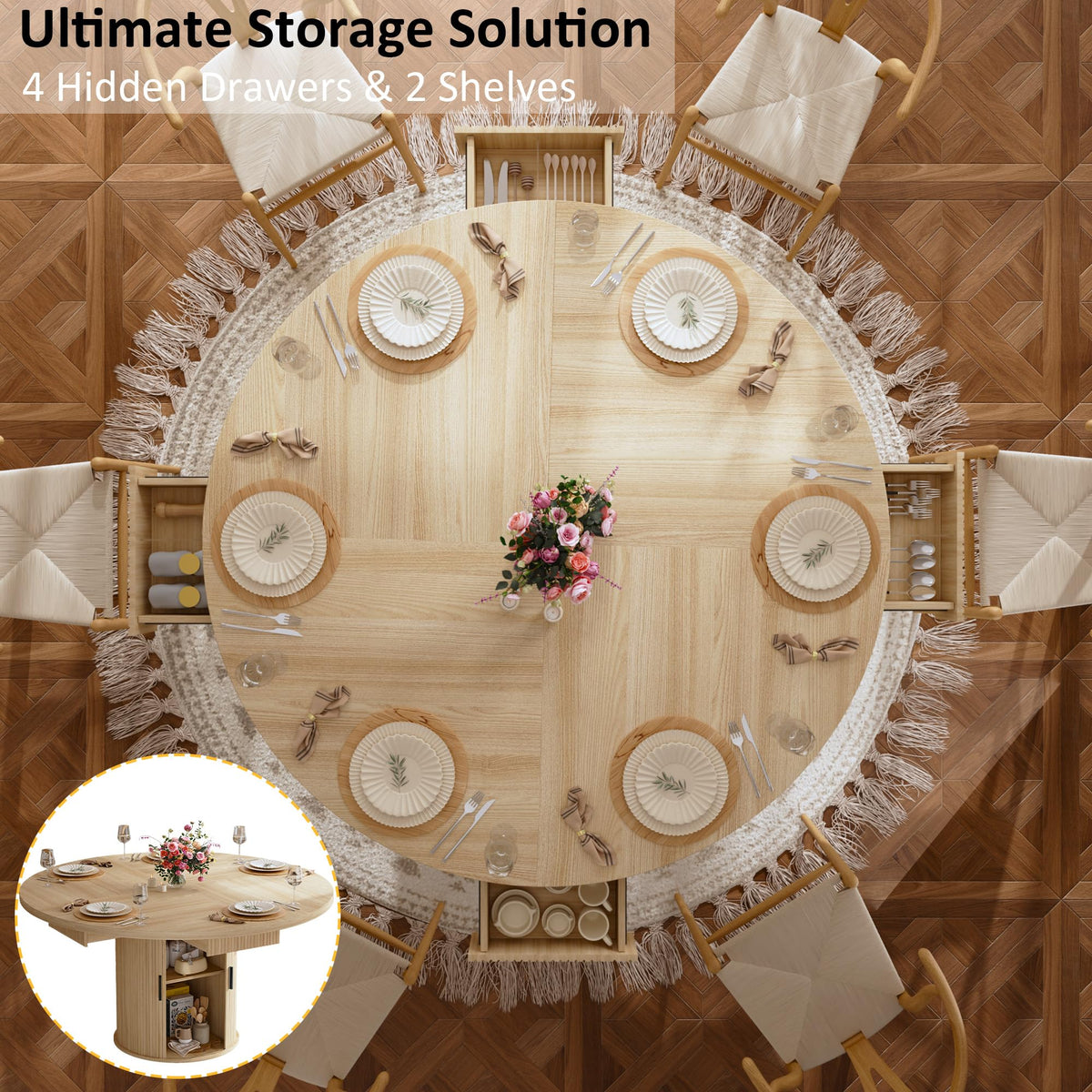 47.2" Round Wood Dining Table with 4 Drawers G94216