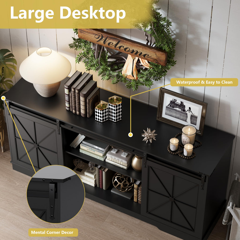 Black Farmhouse TV Stand with Storage Cabinets & Sliding Barn Doors E3573