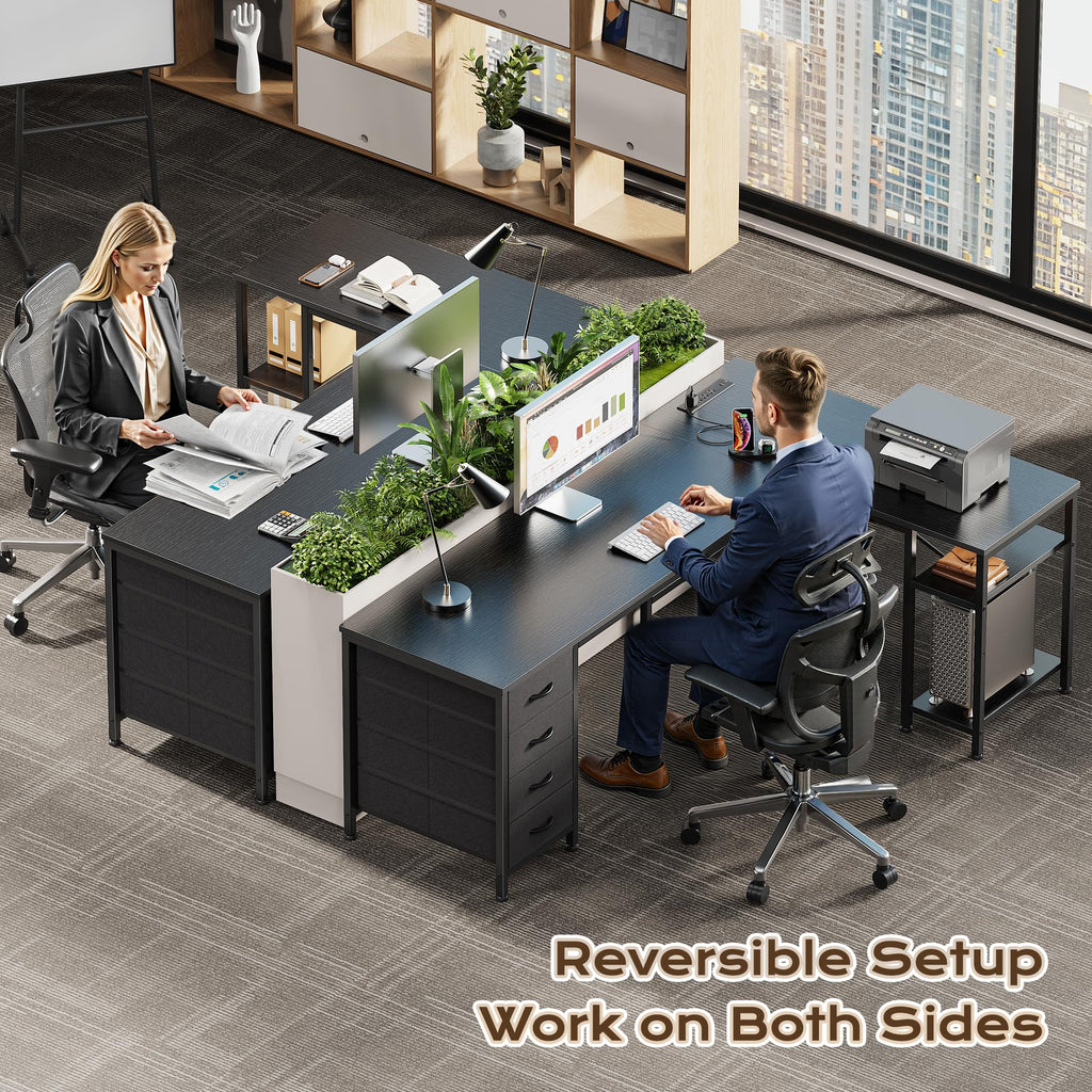 55 Inch L Shaped Desk with Fabric Drawers and Power Outlets M388