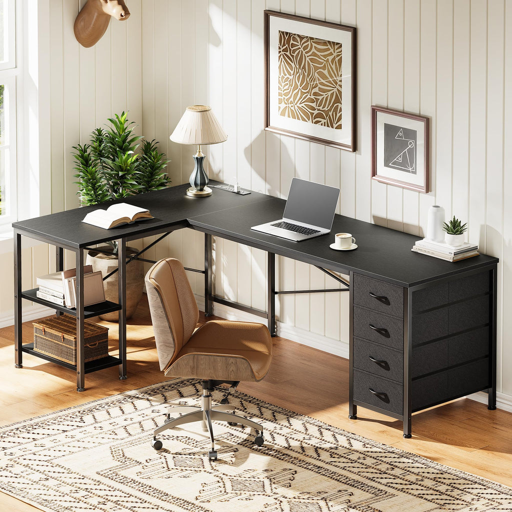 55 Inch L Shaped Desk with Fabric Drawers and Power Outlets M388