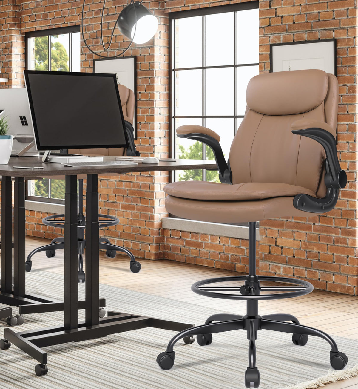 Leather Drafting Chair with Adjustable Height and Flip-up Armrest T6854