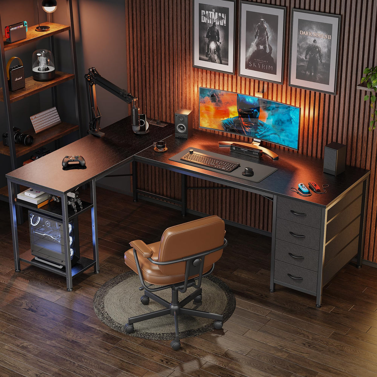 55 Inch L Shaped Desk with Fabric Drawers and Power Outlets M388