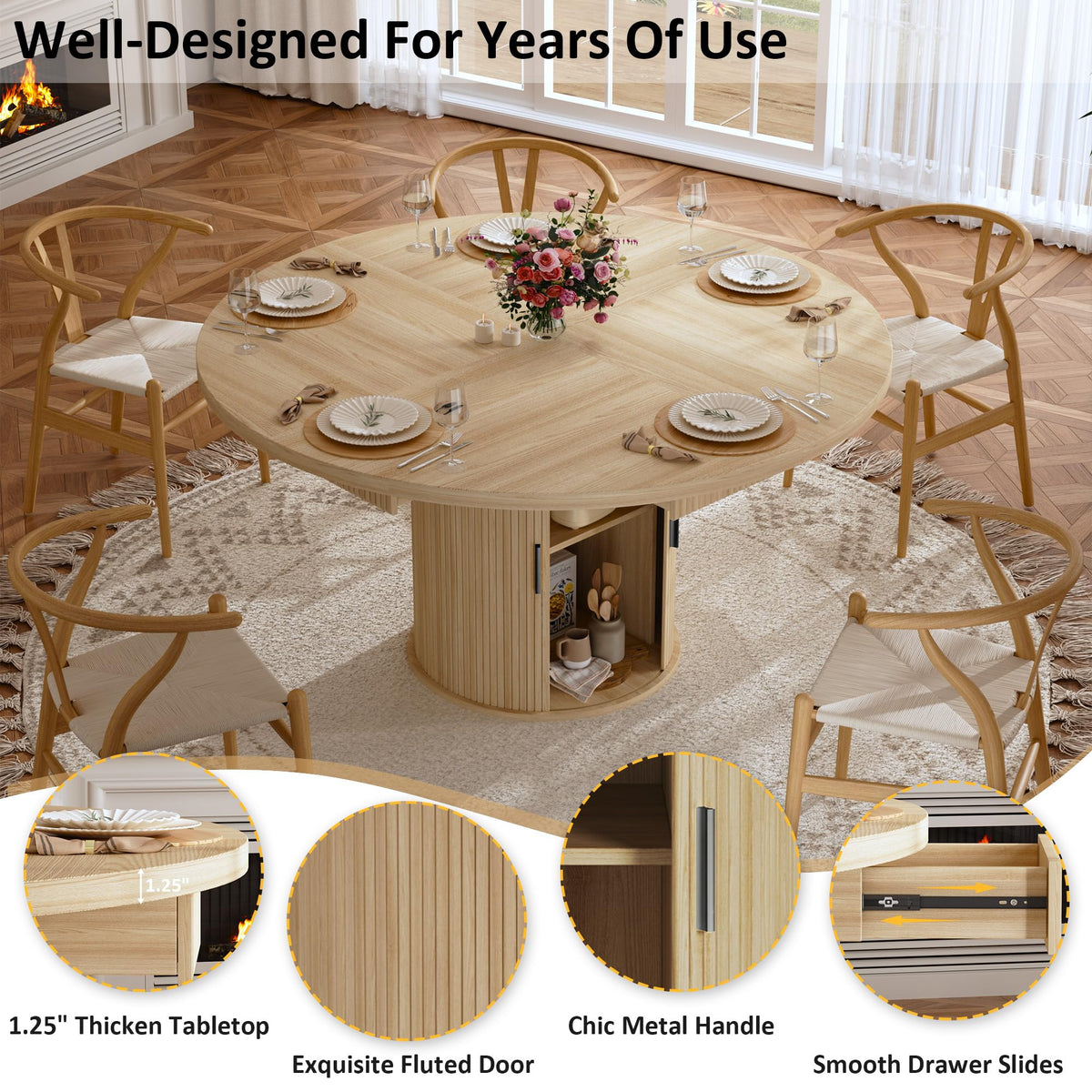 47.2" Round Wood Dining Table with 4 Drawers G94216