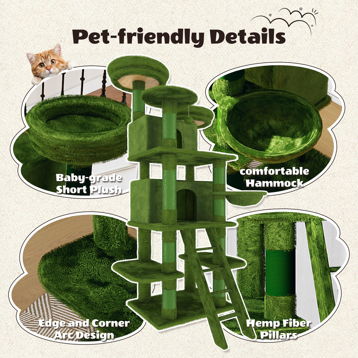 70.87'' Cat Tree Tower with Scratching Post and Hanging Hammock F622