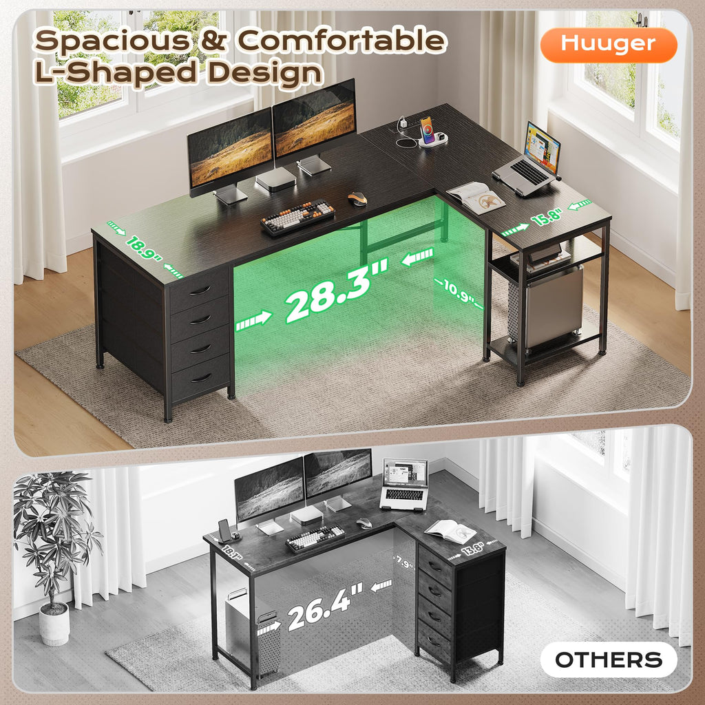 55 Inch L Shaped Desk with Fabric Drawers and Power Outlets M388