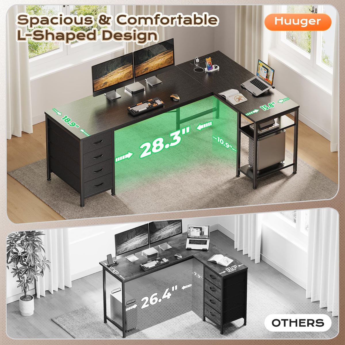 55 Inch L Shaped Desk with Fabric Drawers and Power Outlets M388